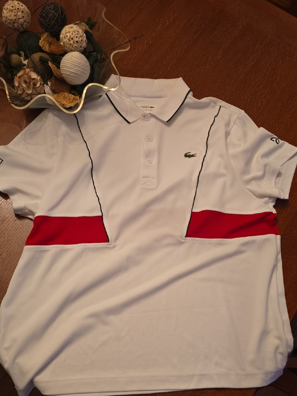 Lacoste White Polo with Red Side Panels and Navy Trim